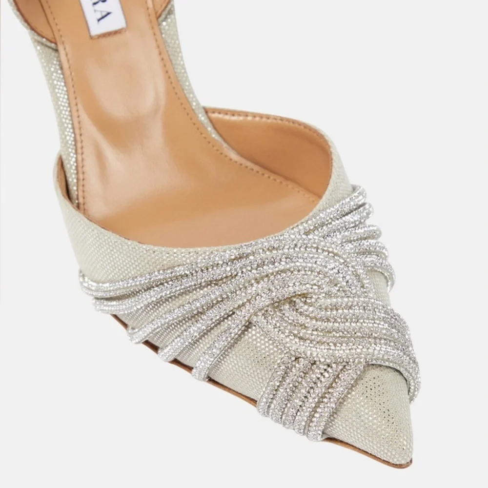 New AQUAZZURA Gatsby 105 crystal-embellished metallic canvas slingback pumps - Picture 2 of 13